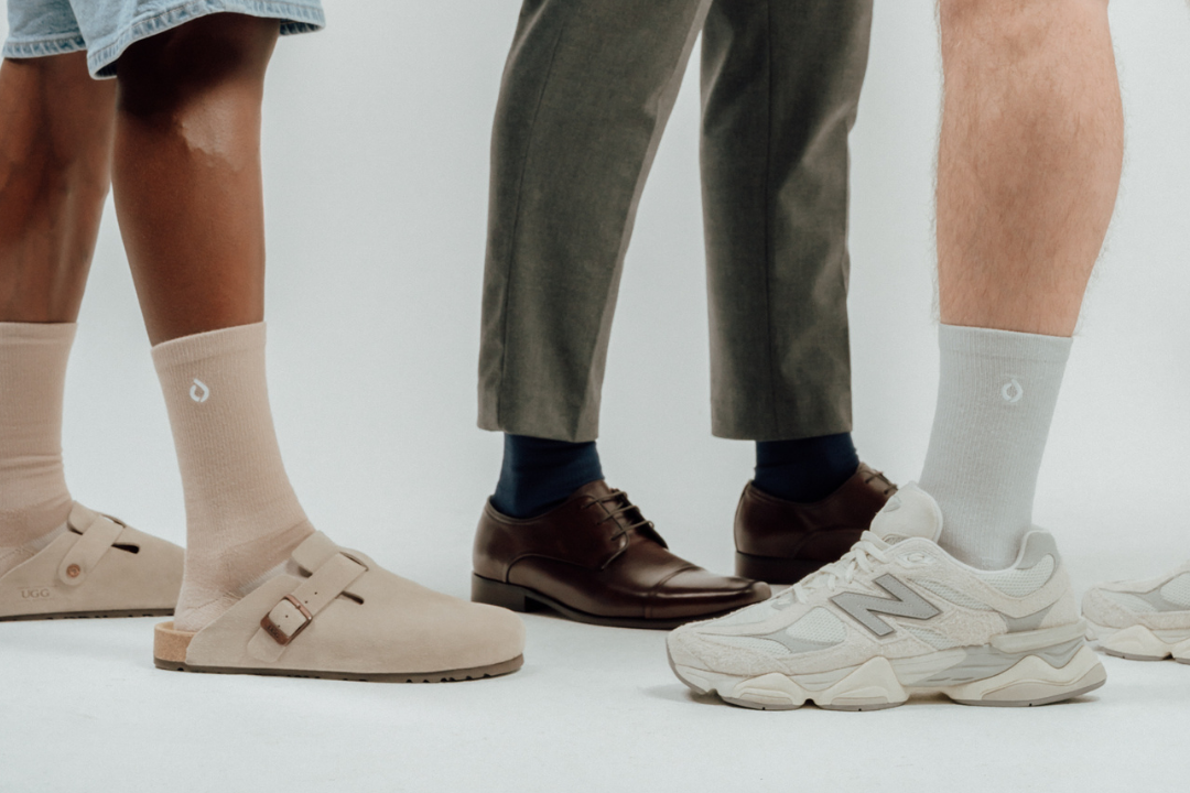 Light mocha, midnight navy and stone grey DryStep Crew socks with clogs, dress shoes and sneakers
