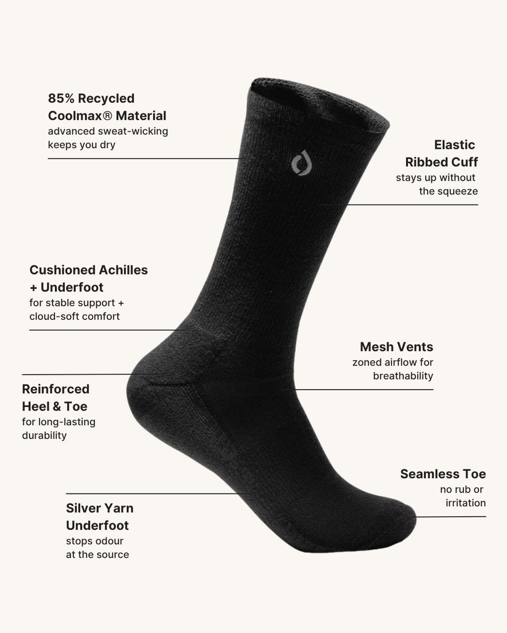 All-Day Performance Cushioned Crew Sock - Black
