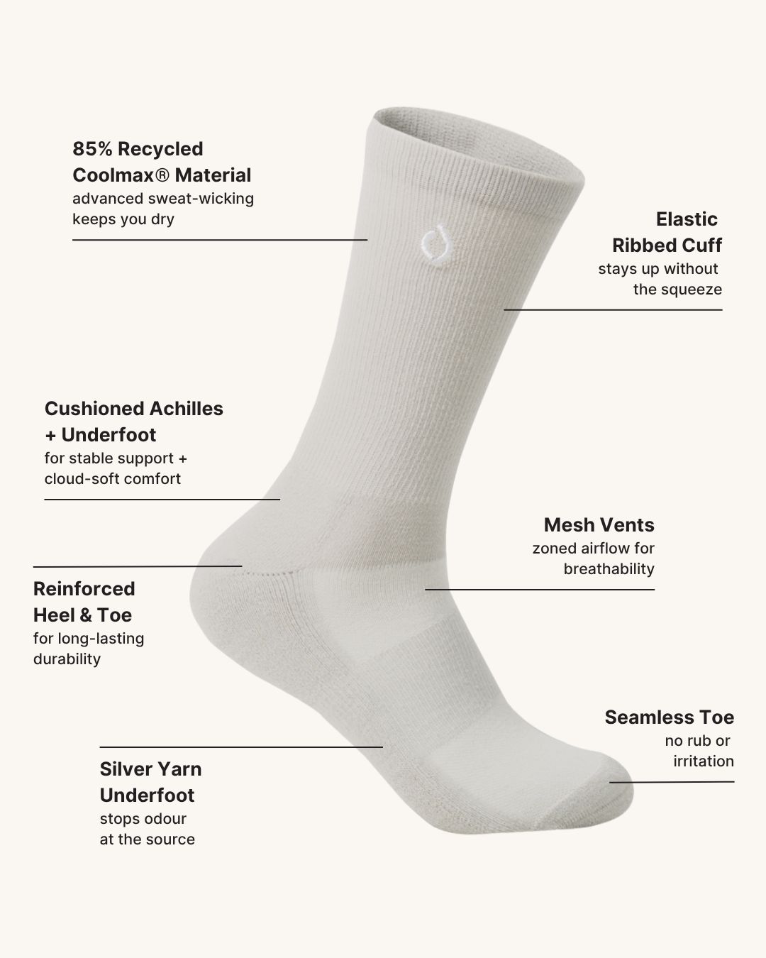 All-Day Performance Cushioned Crew Sock - Stone Grey