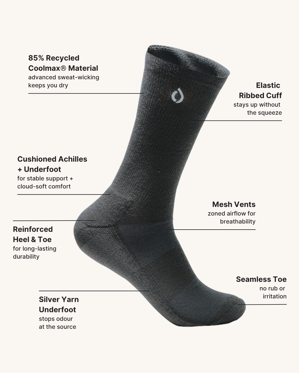 All-Day Performance Cushioned Crew Sock - Dark Grey