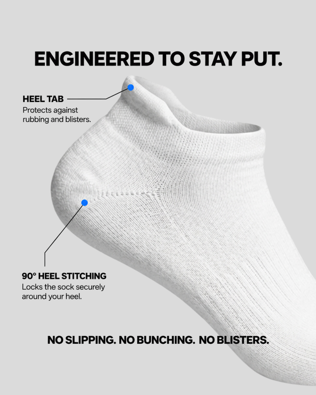 DryStep white ankle sock, heel tab and 90 degree heel stitching, no slipping, bunching or blisters