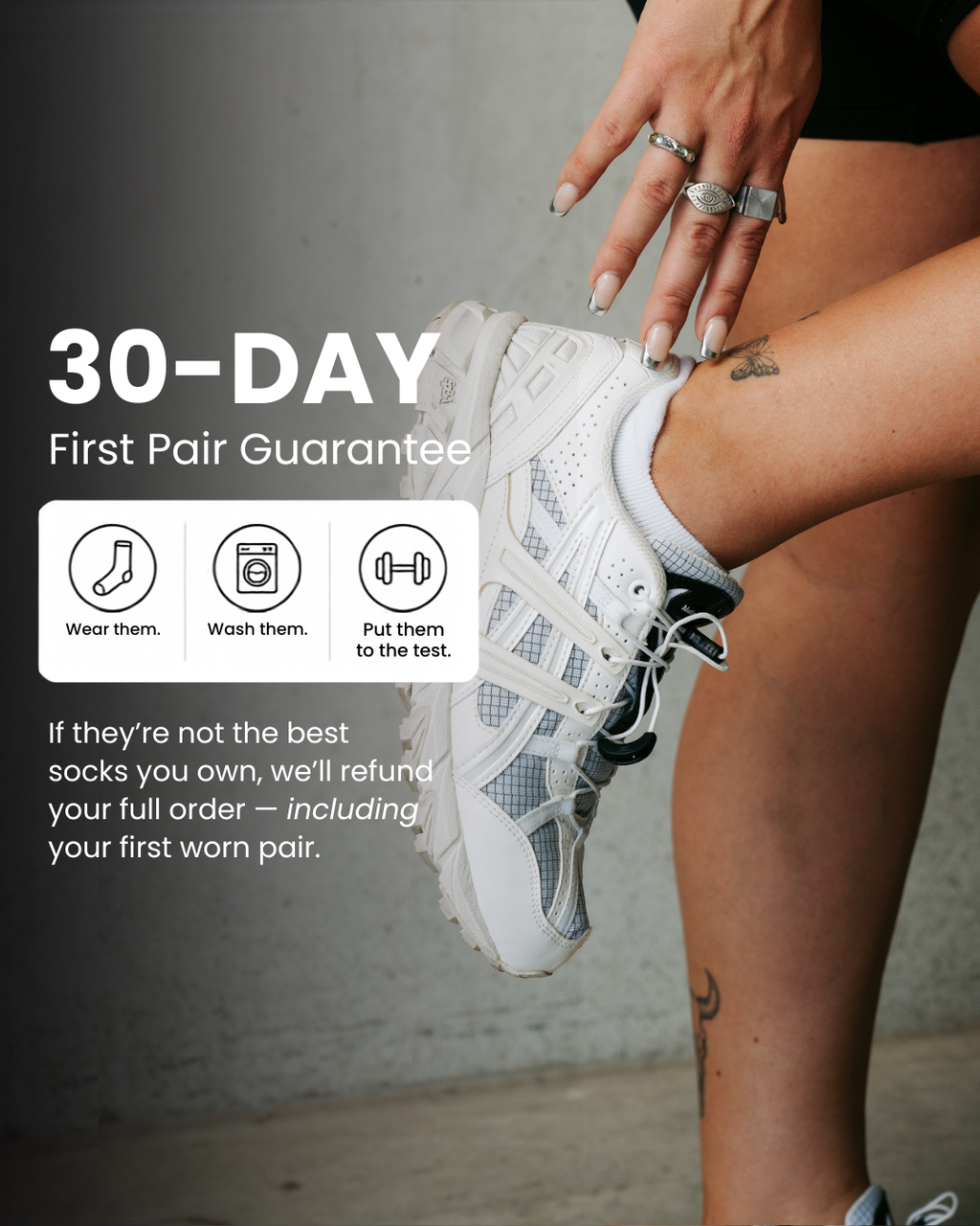 30-day first pair guarantee on DryStep white ankle socks, full refund including the worn pair