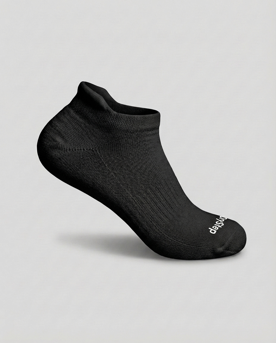 DryStep unisex black ankle tab socks — lightweight Coolmax moisture-wicking, anti-odour