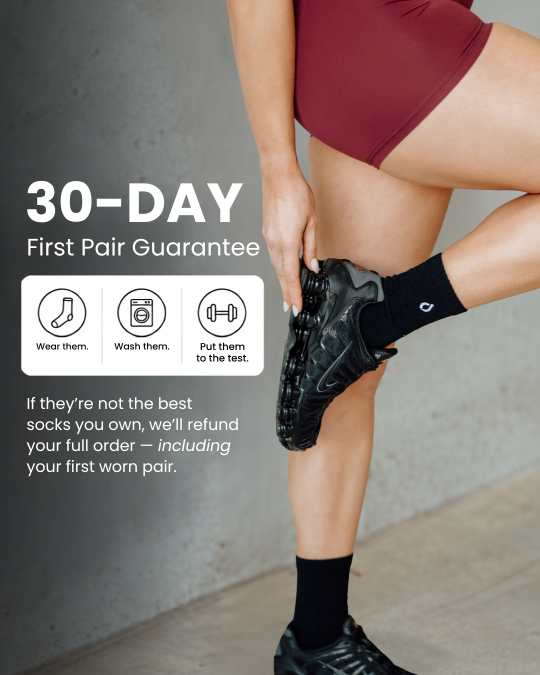 30-day first pair guarantee on black mid-crew socks, full refund including the worn pair
