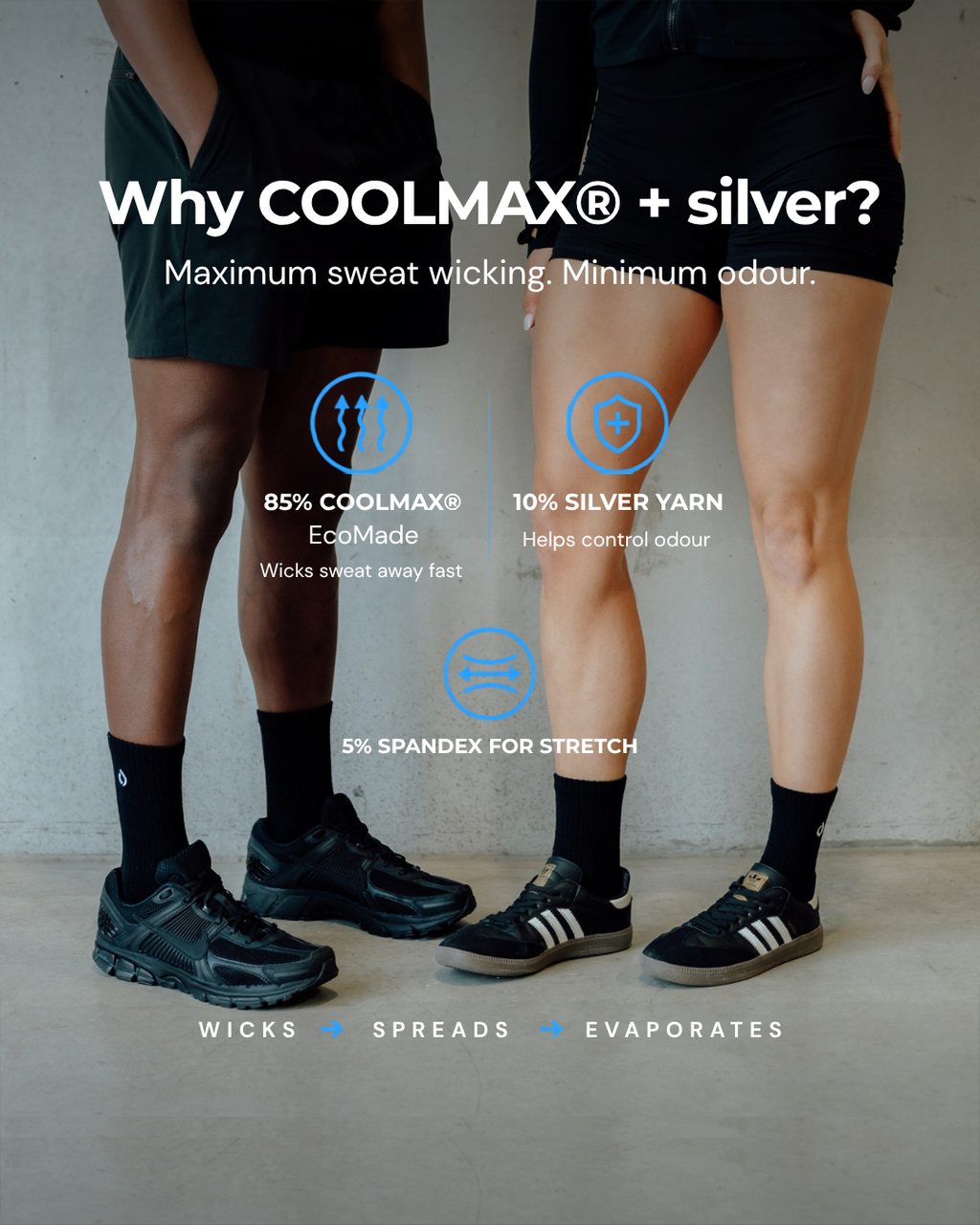 Black mid-crew sock and Coolmax fibre closeup, 85% Coolmax wicks sweat, 10% silver cuts odour