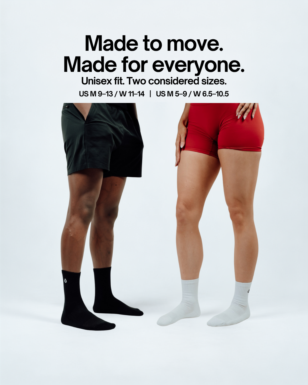 Man and woman wearing DryStep mid-crew socks, unisex fit in two sizes