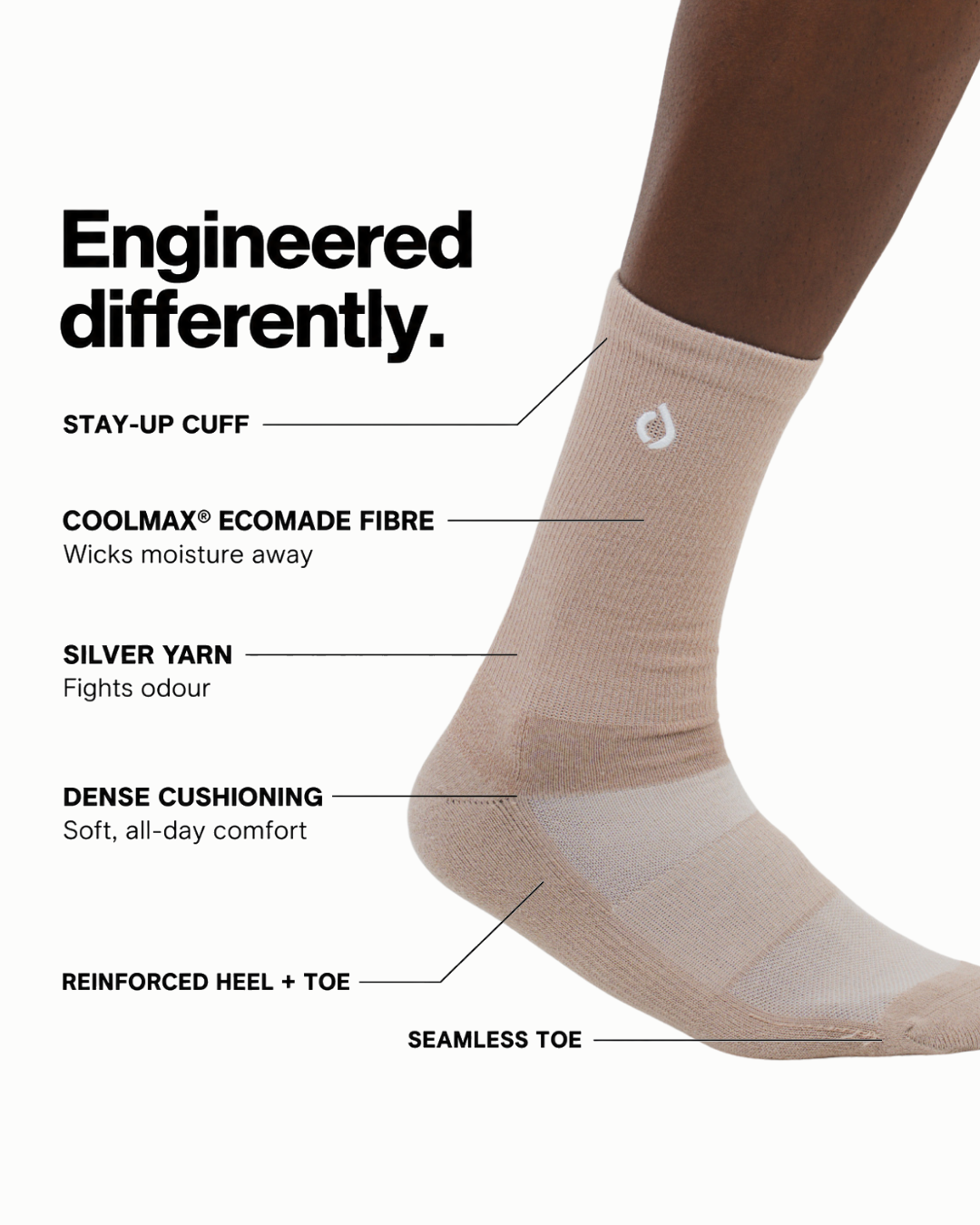 DryStep light mocha beige crew sock features — moisture-wicking, cushioned sole, anti-odour