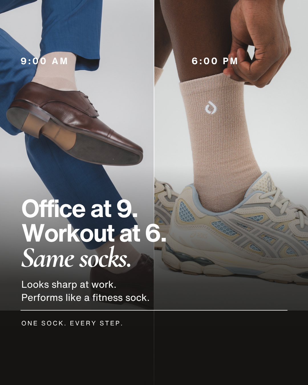 Man wearing DryStep light mocha tan crew socks at office and gym — sweat-proof dress socks