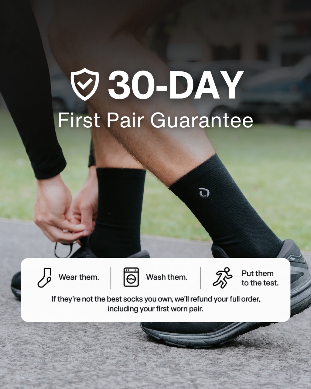 Man running in DryStep black crew socks, cushioned and sweat-wicking
