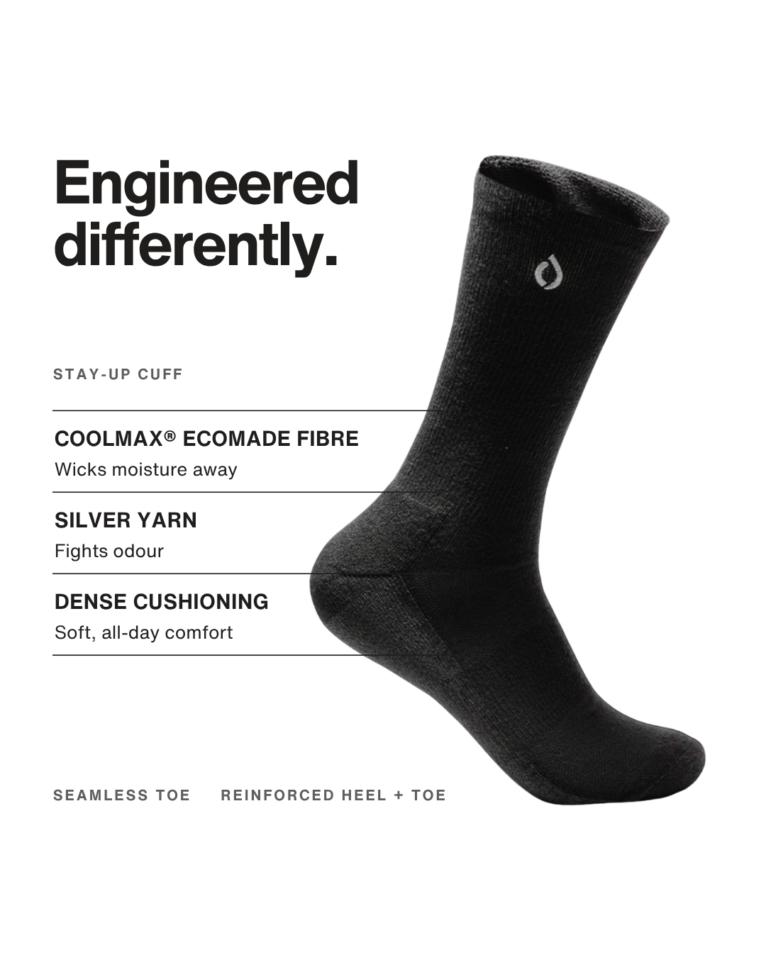 DryStep black crew sock features — Coolmax wicking, cushioned sole, anti-odour, arch support