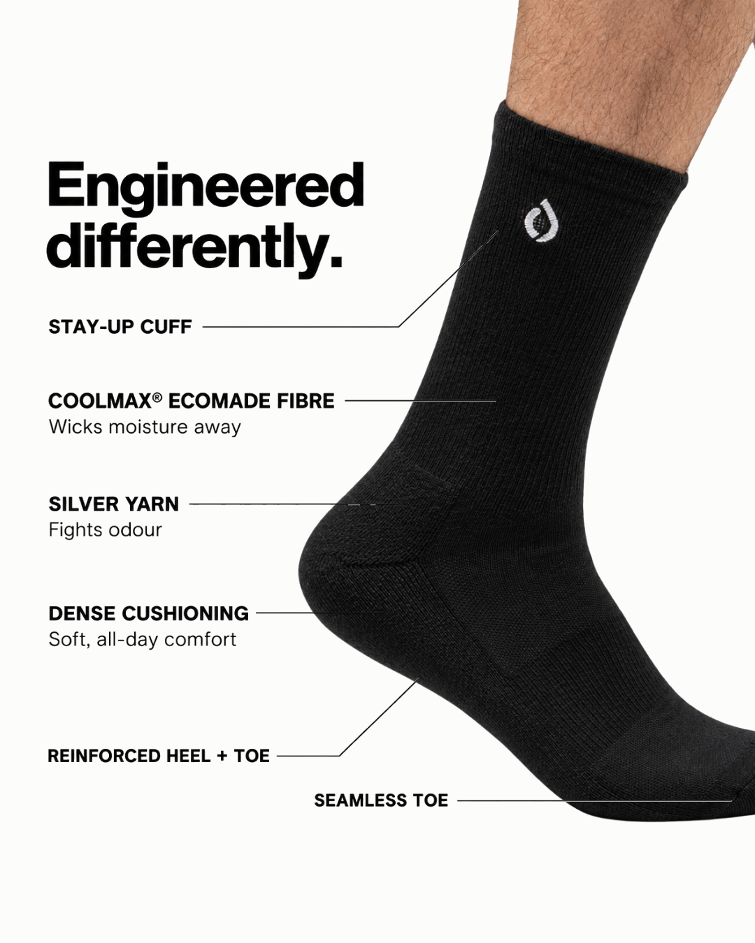 DryStep black crew sock features — Coolmax wicking, cushioned sole, anti-odour, arch support