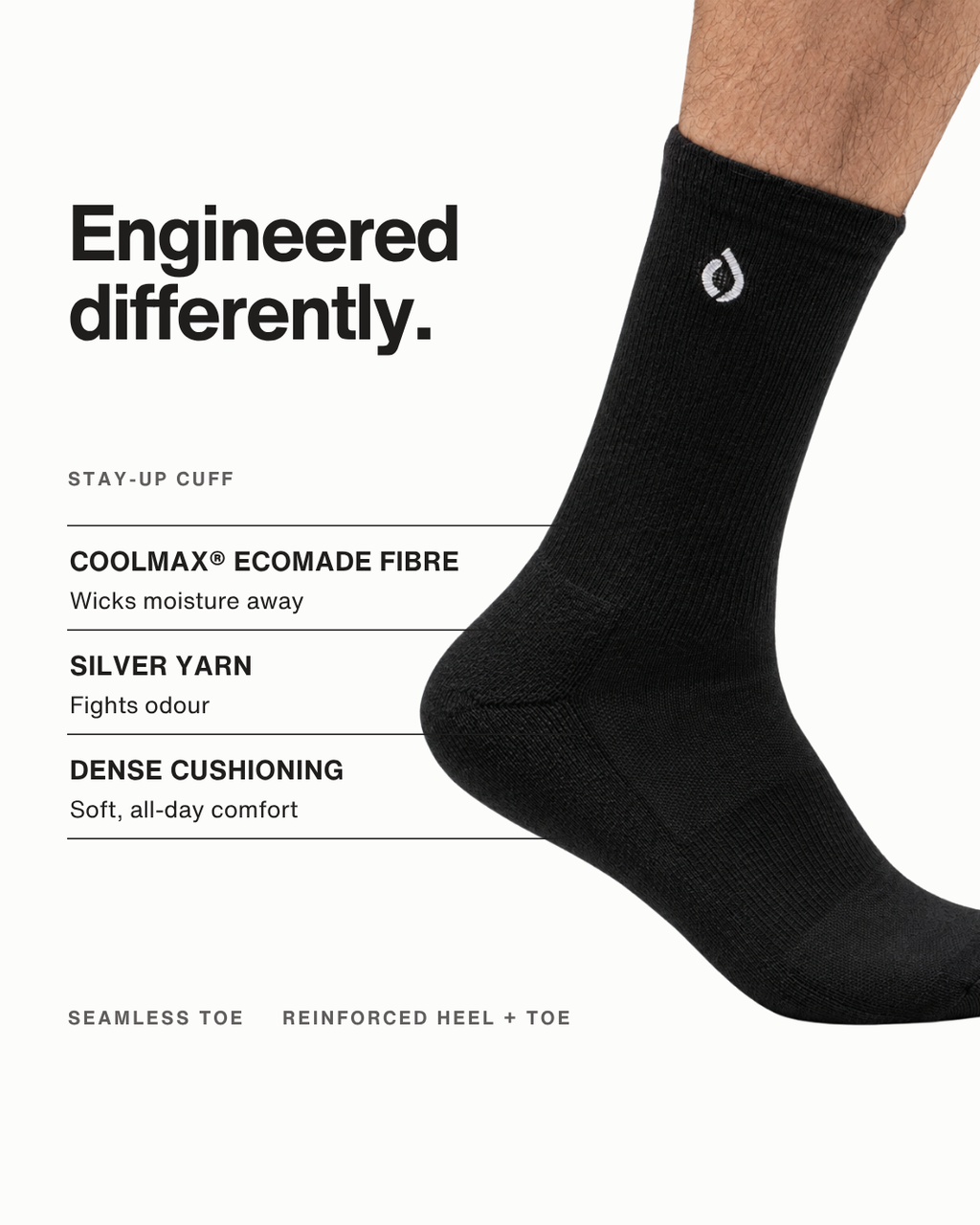 DryStep black crew sock features — Coolmax wicking, cushioned sole, anti-odour, arch support
