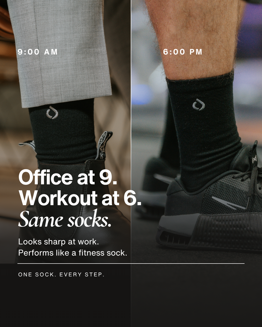 Man wearing DryStep black crew socks at office — sweat-proof dress socks