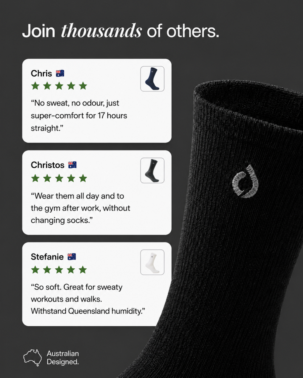Five-star customer reviews for DryStep black crew socks — no sweat, no odour, 17 hours of comfort
