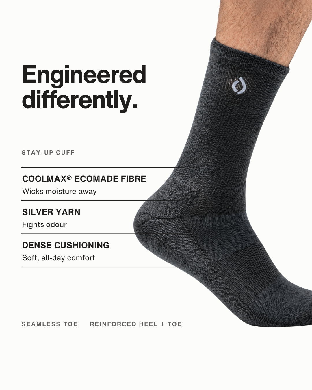 DryStep dark grey crew sock features — Coolmax wicking, cushioned sole, anti-odour