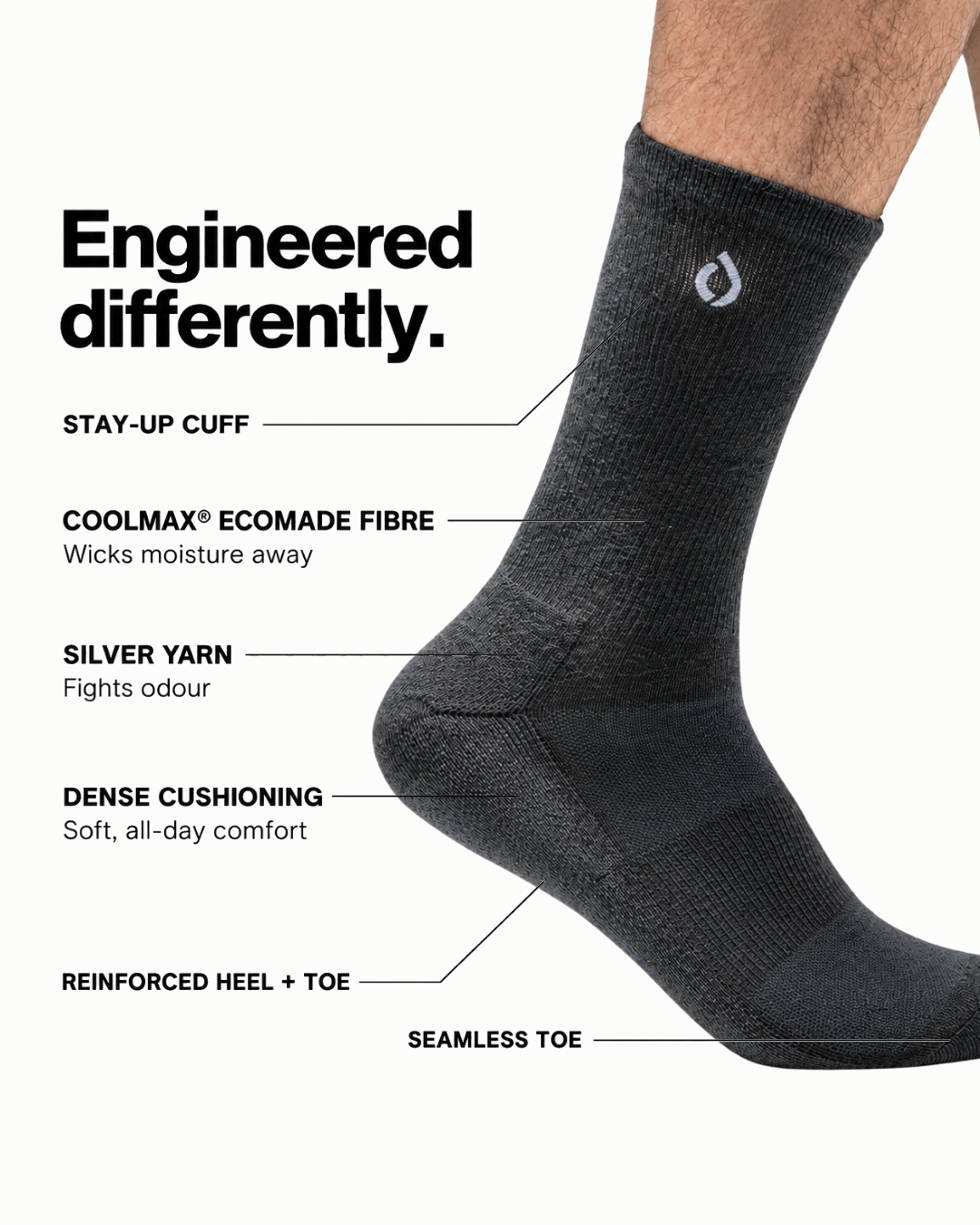 DryStep dark grey crew sock features — Coolmax wicking, cushioned sole, anti-odour