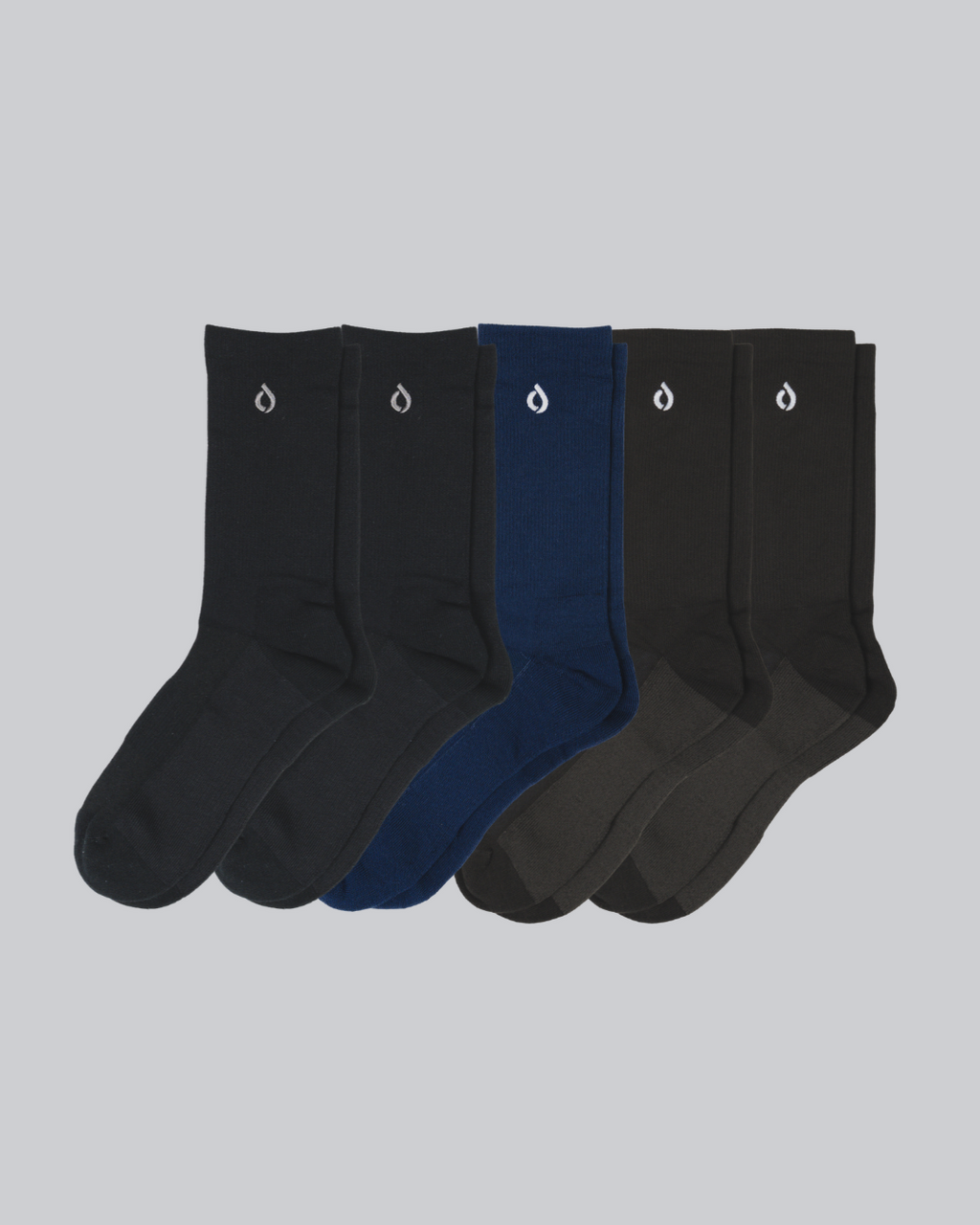 DryStep crew sock 5-pack in black, dark grey and navy — moisture-wicking Coolmax, cushioned, anti-odour