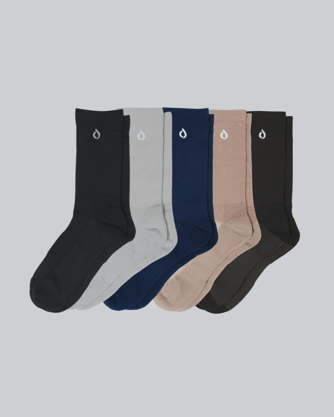 DryStep crew sock 5-pack in mixed colours — black, grey, navy, light mocha and dark brown