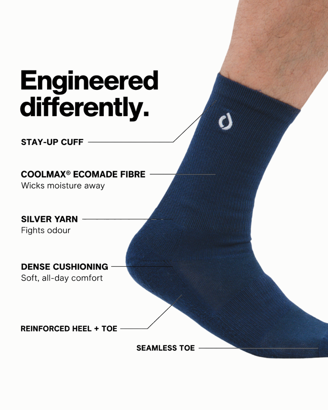 DryStep midnight navy crew sock features — Coolmax wicking, cushioned, anti-odour, suit-ready
