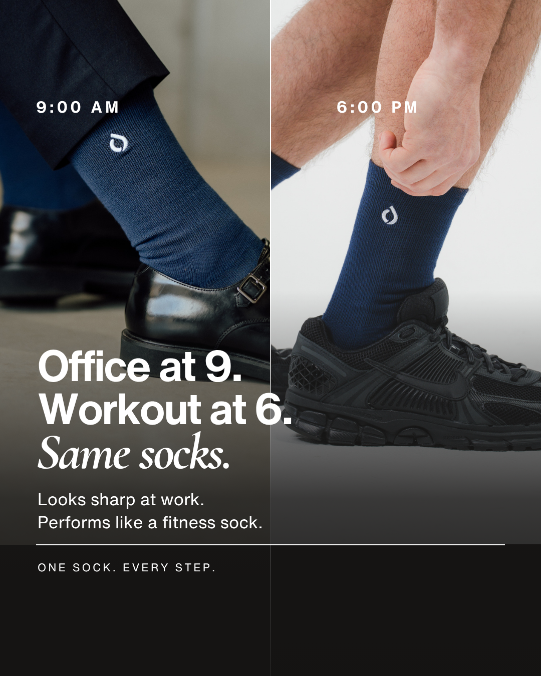 Man wearing DryStep midnight navy crew socks at office and gym — sweat-proof dress socks