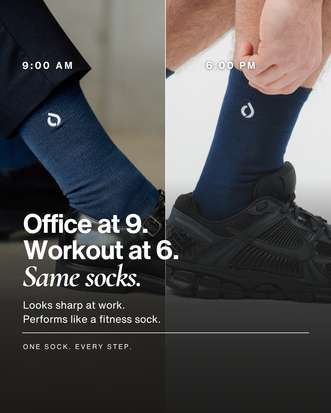 Man wearing DryStep midnight navy crew socks at office and gym — sweat-proof dress socks