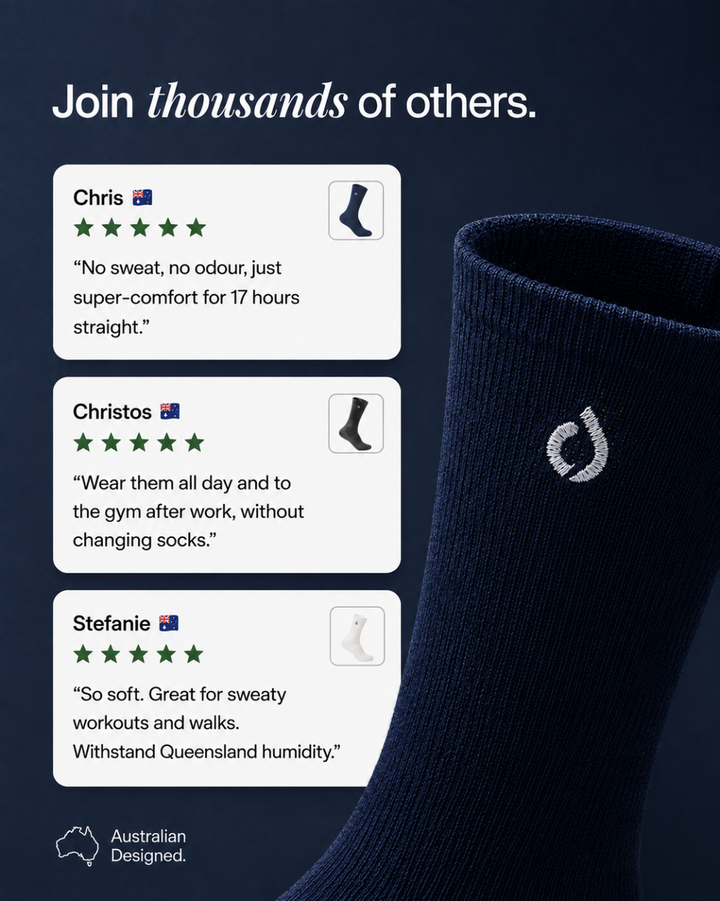 Five-star customer reviews for DryStep midnight navy crew socks — all day at work then the gym