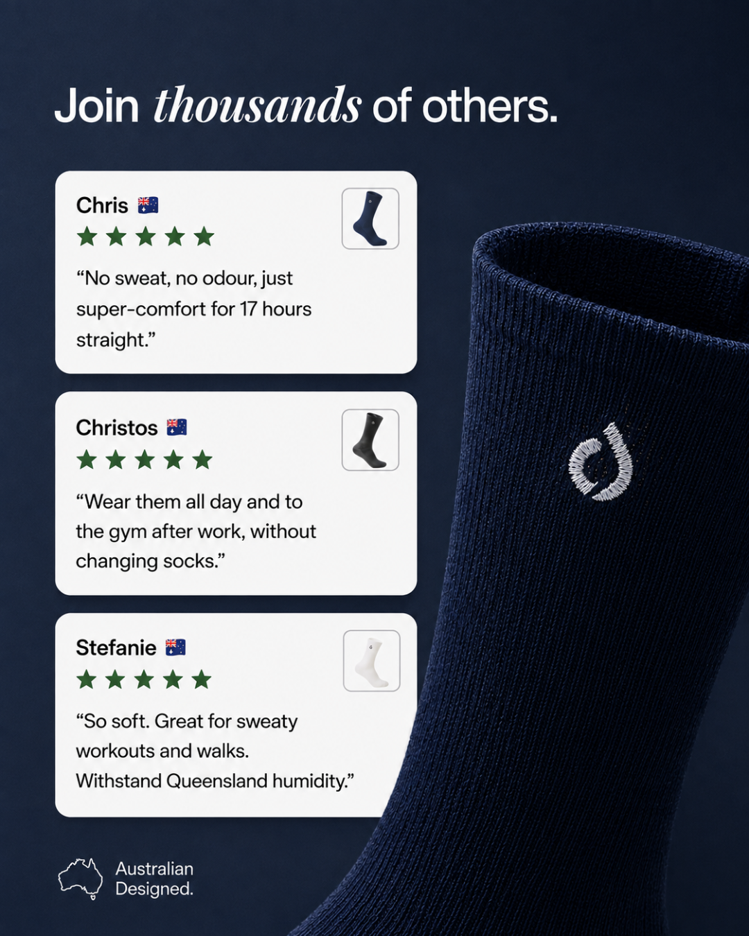 Five-star customer reviews for DryStep midnight navy crew socks — all day at work then the gym