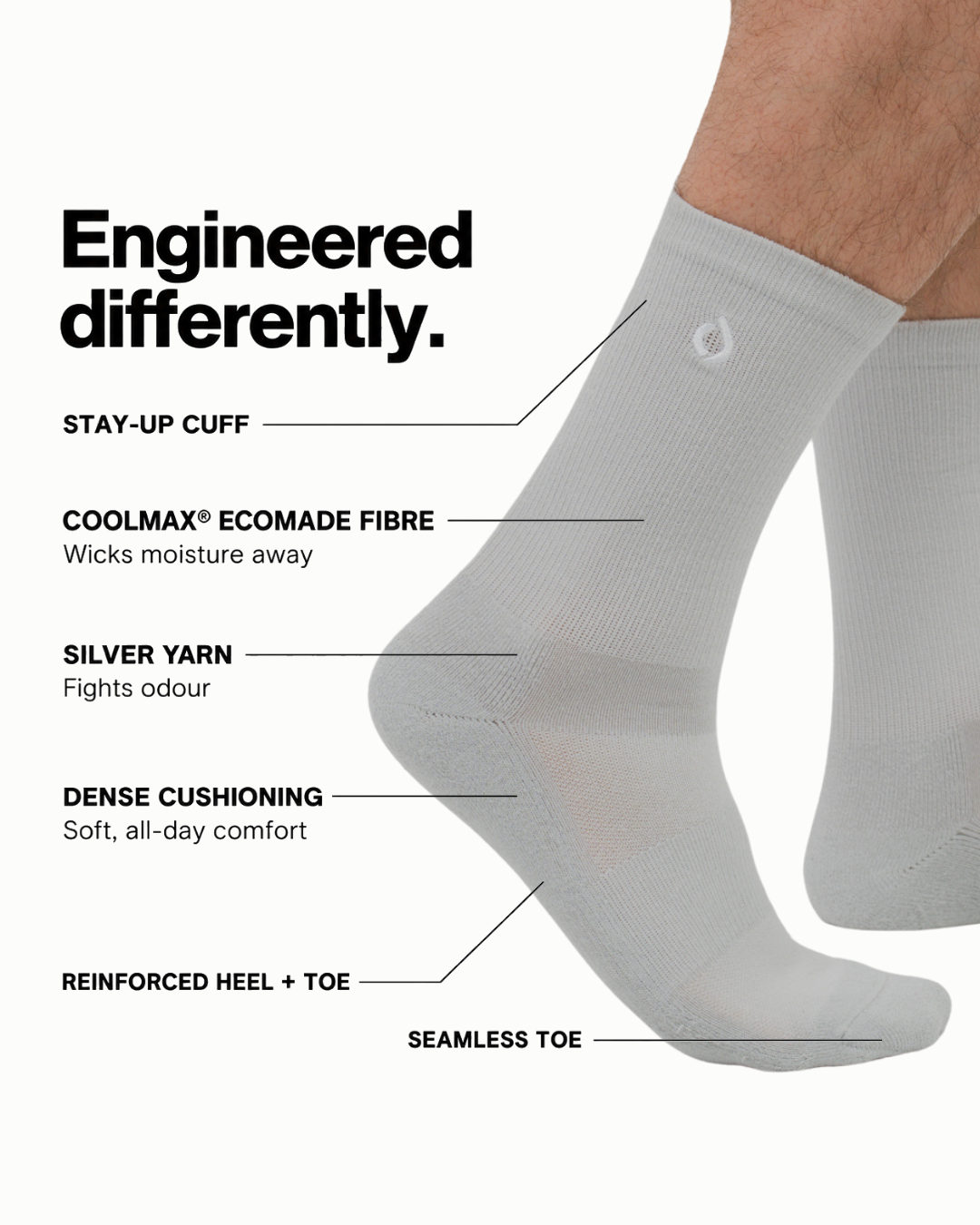 DryStep stone grey crew sock features — Coolmax wicking, cushioned sole, anti-odour