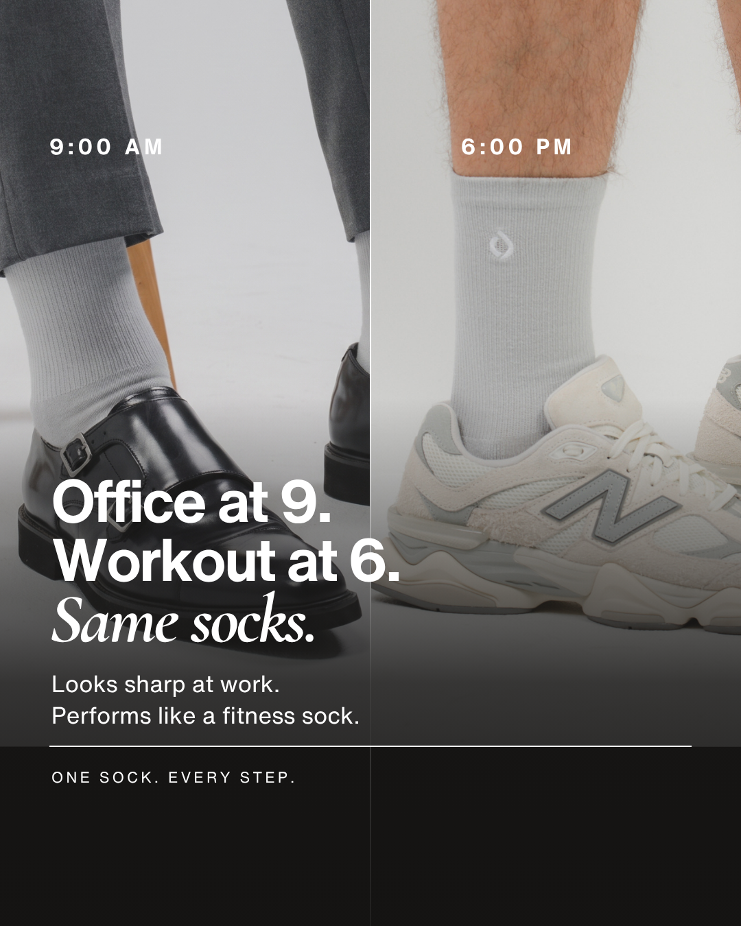 Man wearing DryStep black crew socks at office and gym — sweat-proof dress socks