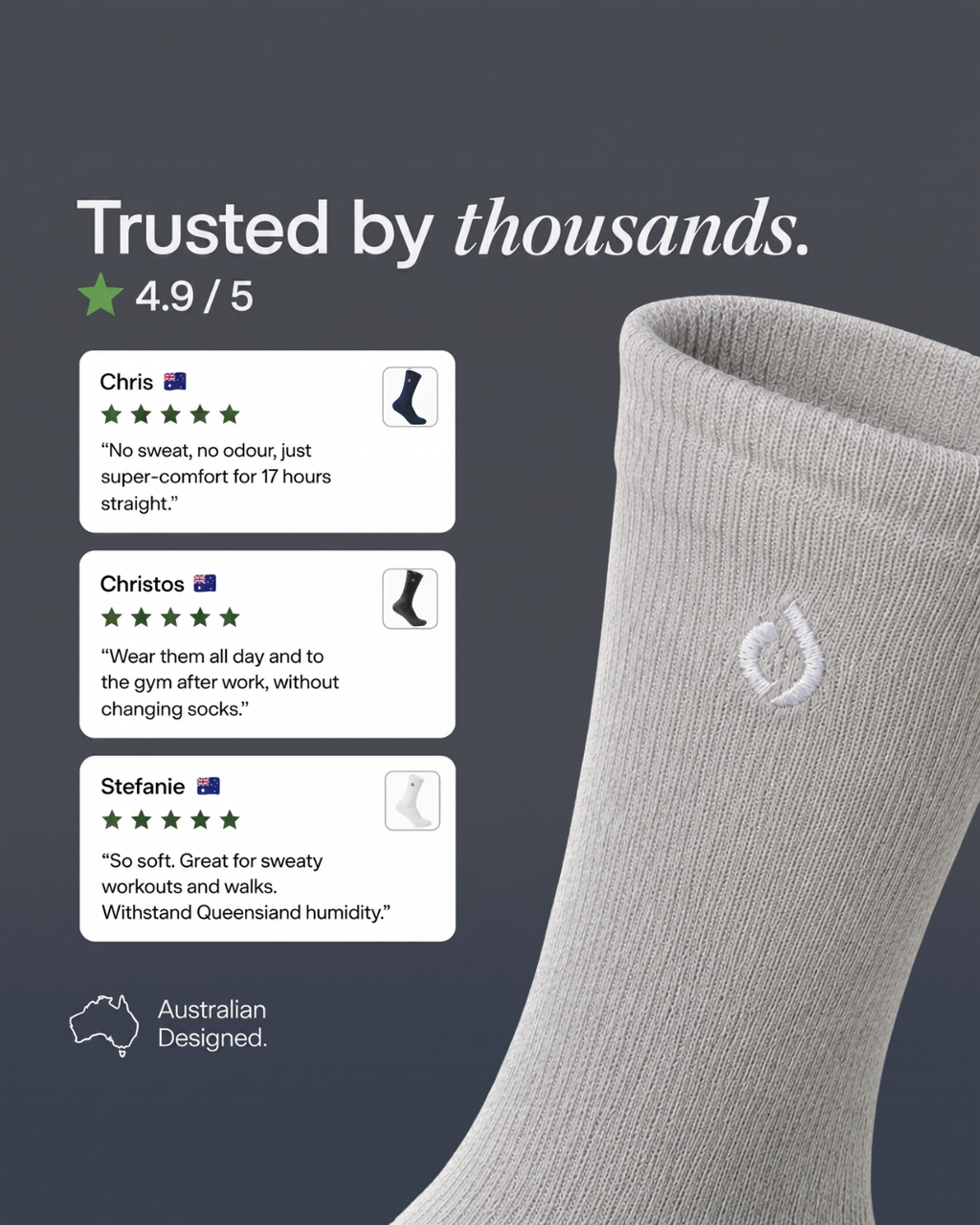 Five-star customer reviews for DryStep stone grey crew socks — comfortable and dry for 12+ hours