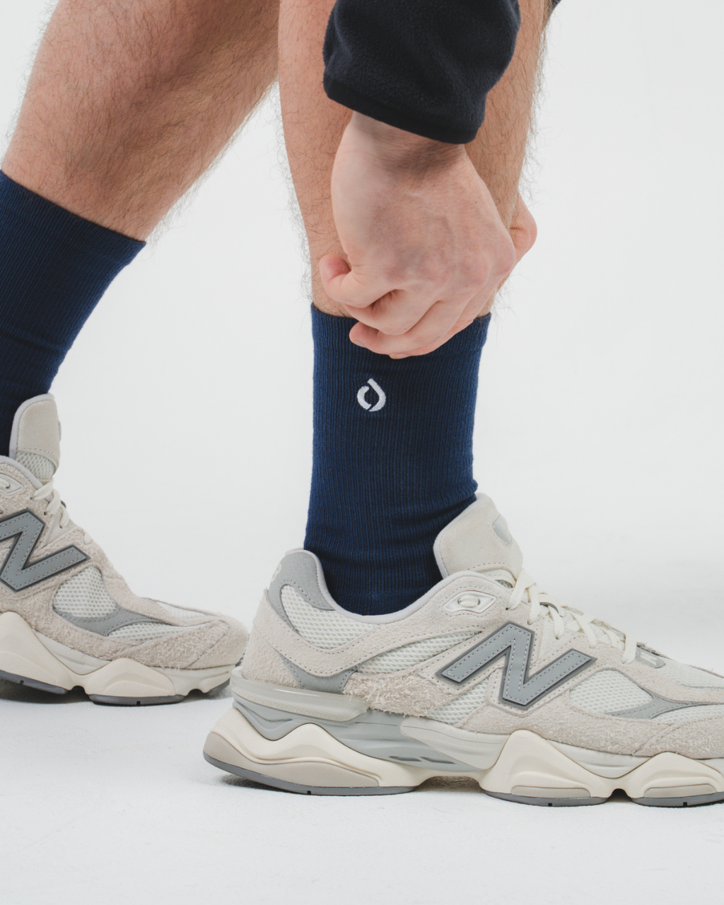 Man wearing DryStep midnight navy crew socks at gym — sweat-wicking office to gym sock
