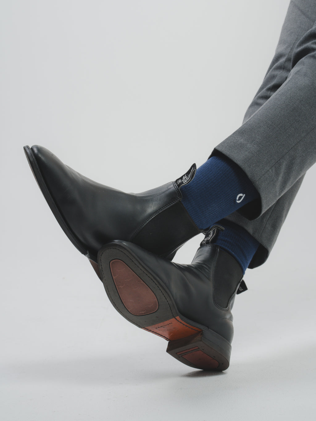 DryStep midnight navy crew sock in RM Williams boot — men's performance dress socks