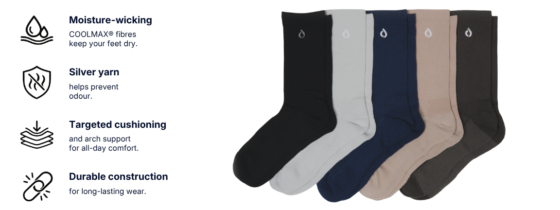 DryStep premium crew socks in black, stone grey, midnight navy, light mocha and dark grey featuring moisture-wicking COOLMAX®, anti-odour silver yarn, targeted cushioning and durable construction.