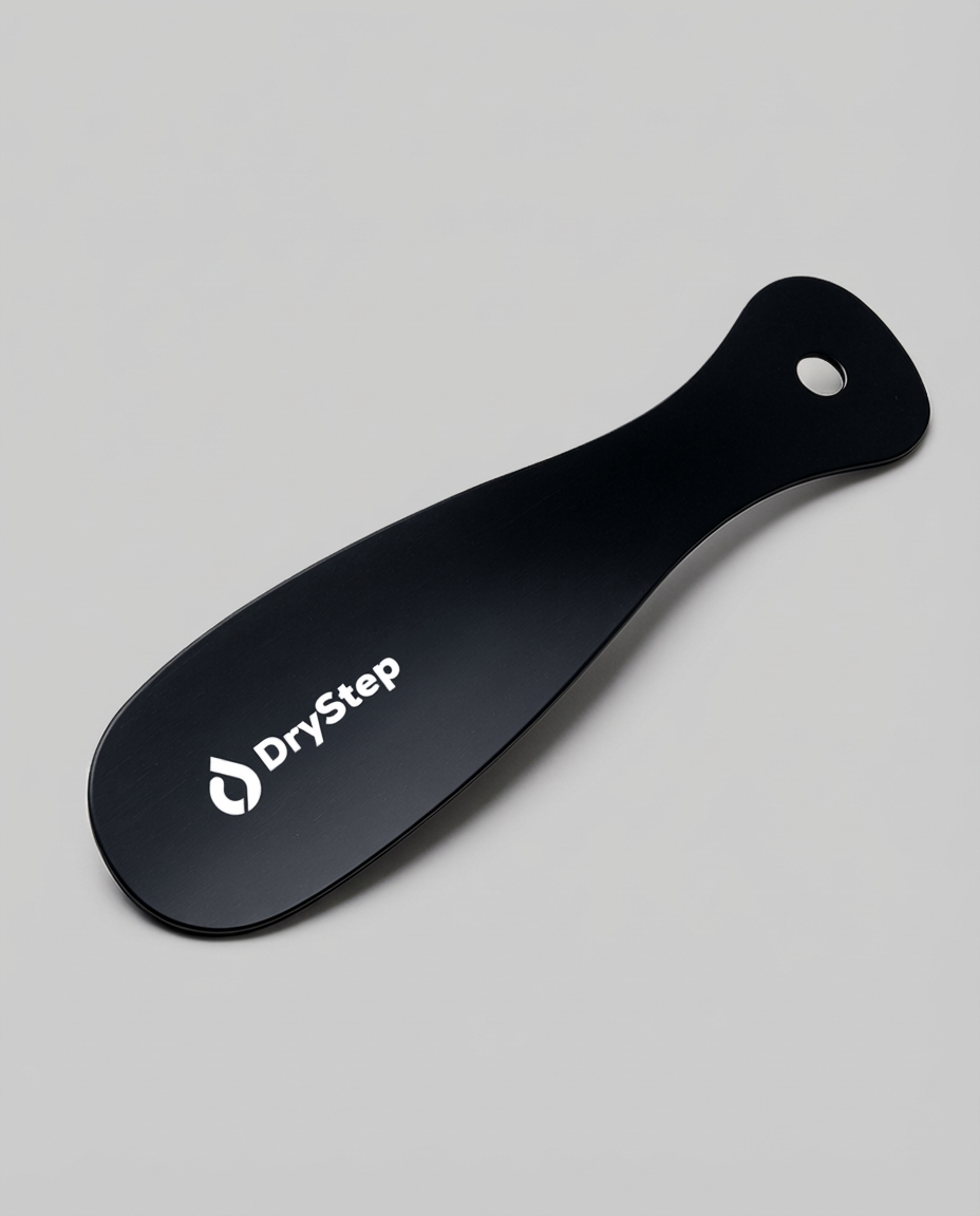 DryStep matte black metal shoehorn — grooved grip design, premium shoe horn for men