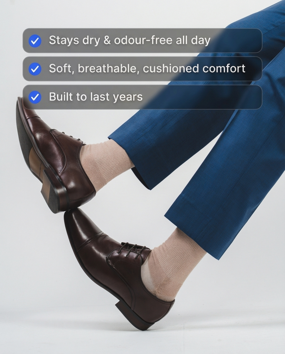 Man wearing DryStep light mocha crew socks at office — versatile everyday performance sock