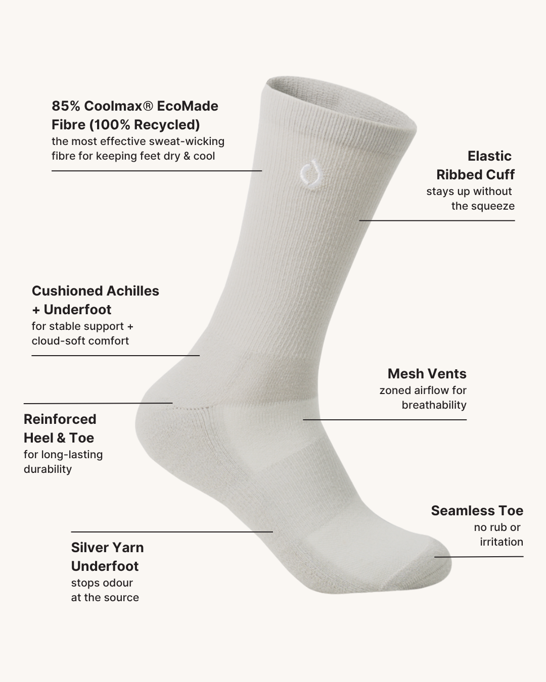 All-Day Performance Cushioned Crew Sock - Stone Grey