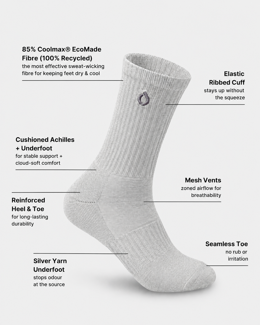 DryStep mist grey mid-crew sock features — Coolmax wicking, cushioned sole, anti-odour, mid-length