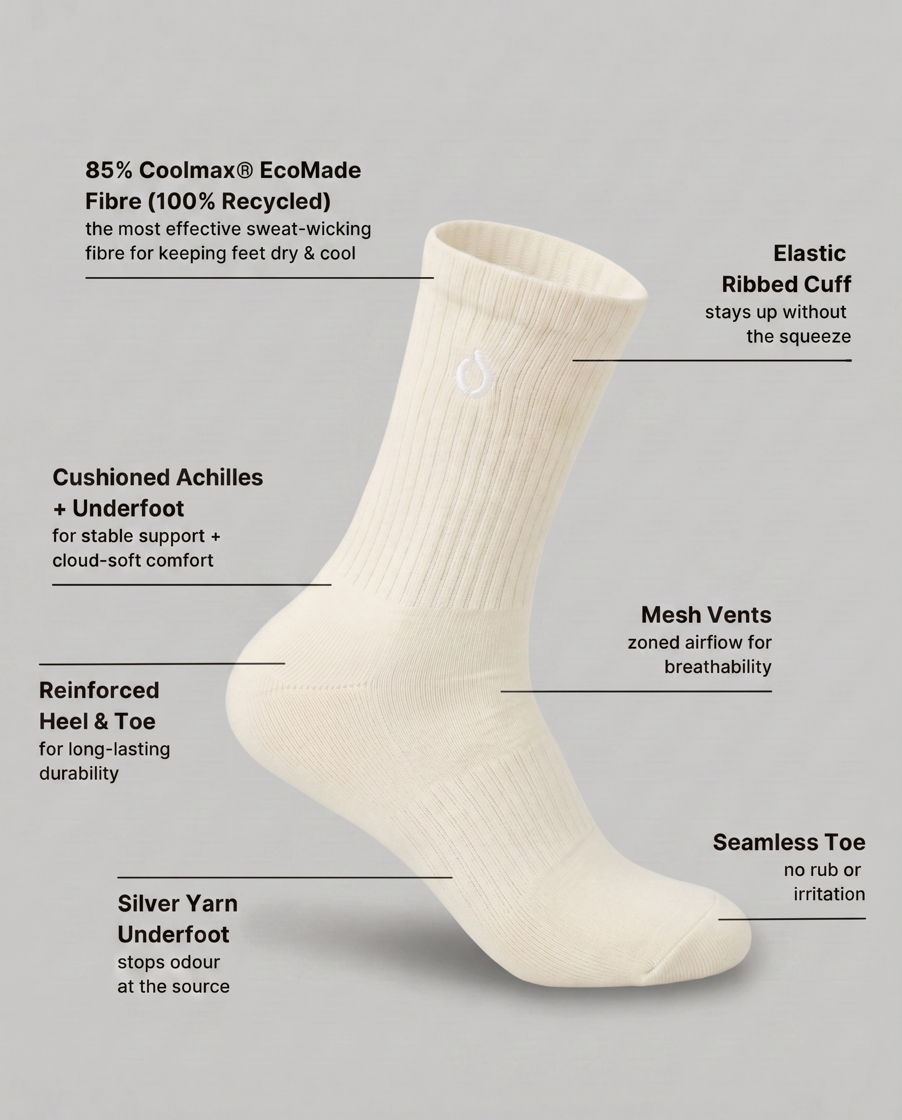 DryStep vanilla mid crew sock features — Coolmax wicking, cushioned sole, anti-odour, mid-length