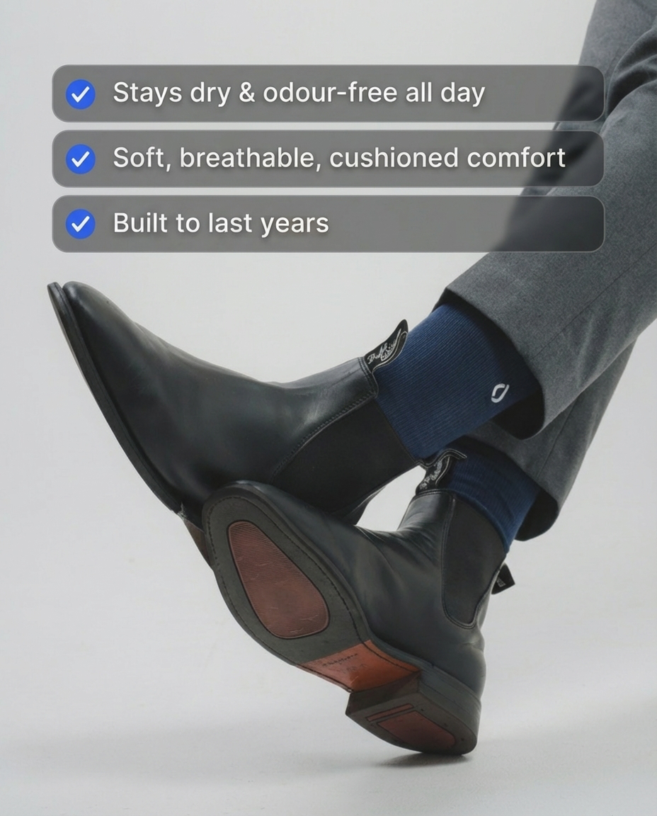 Man wearing DryStep midnight navy crew socks at office — performance dress socks with suit