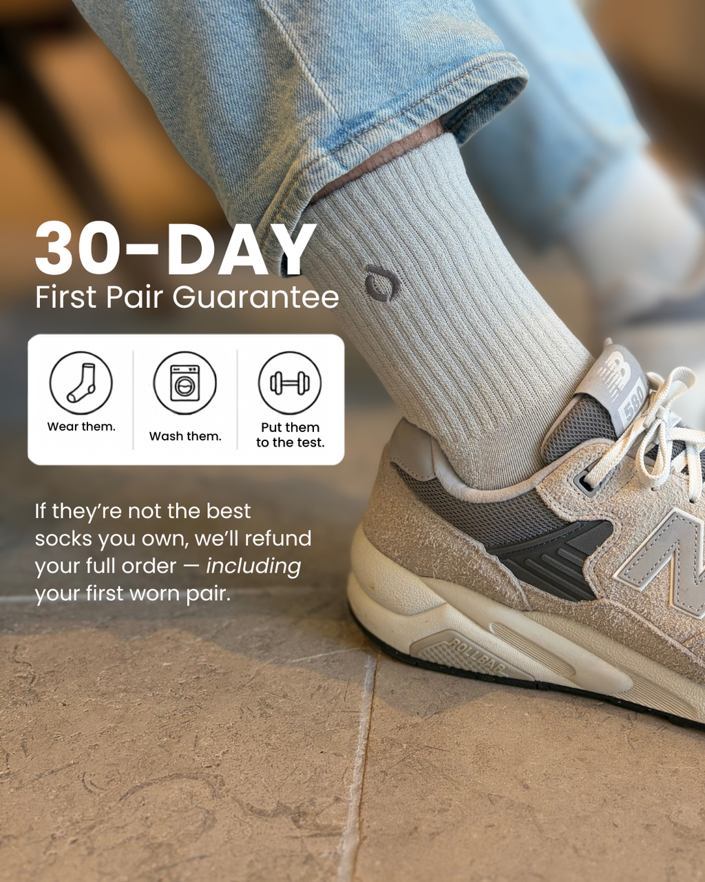 30-day first pair guarantee on mist grey mid-crew socks, full refund including the worn pair