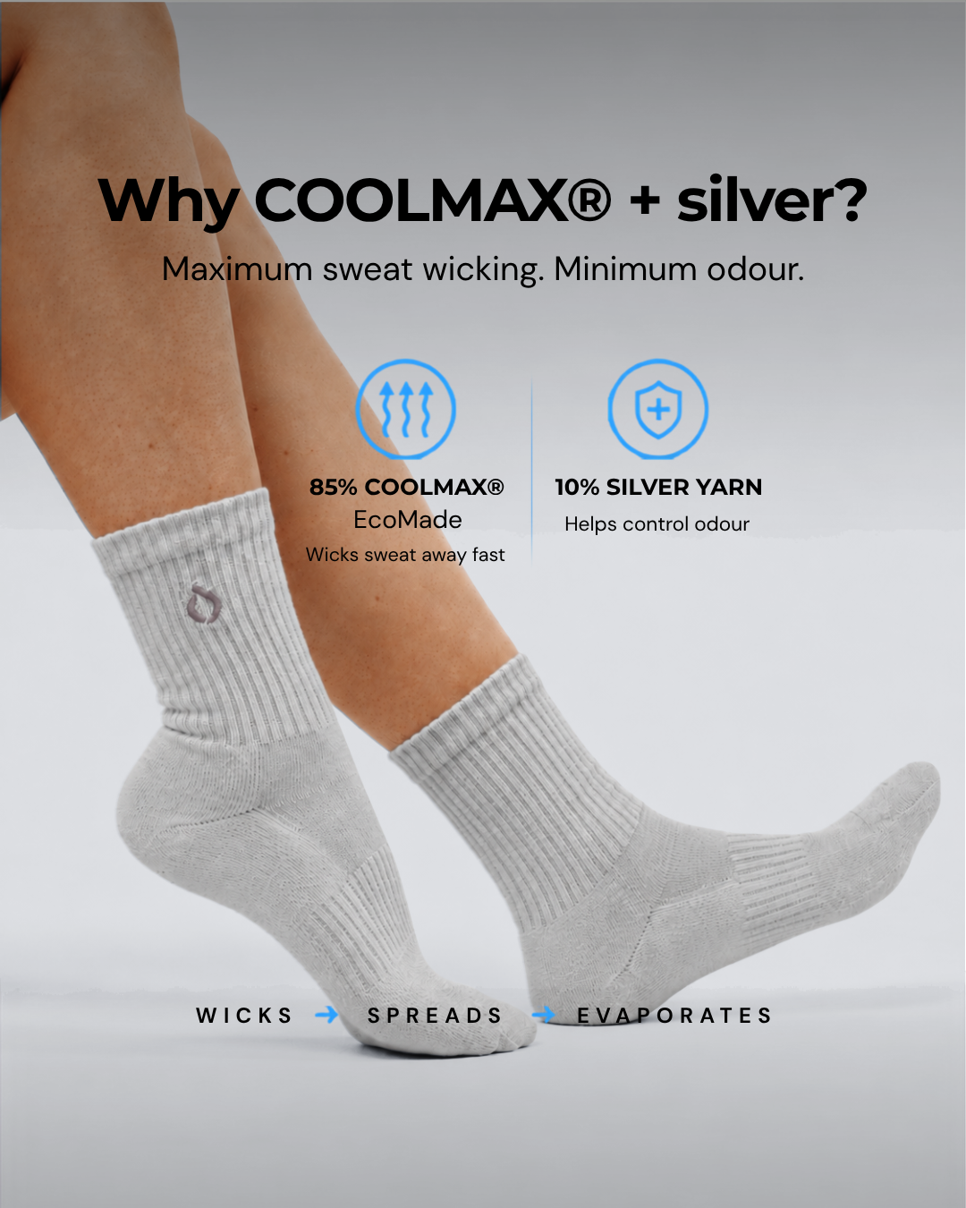Mist grey mid-crew sock and Coolmax fibre closeup, 85% Coolmax wicks sweat, 10% silver cuts odour