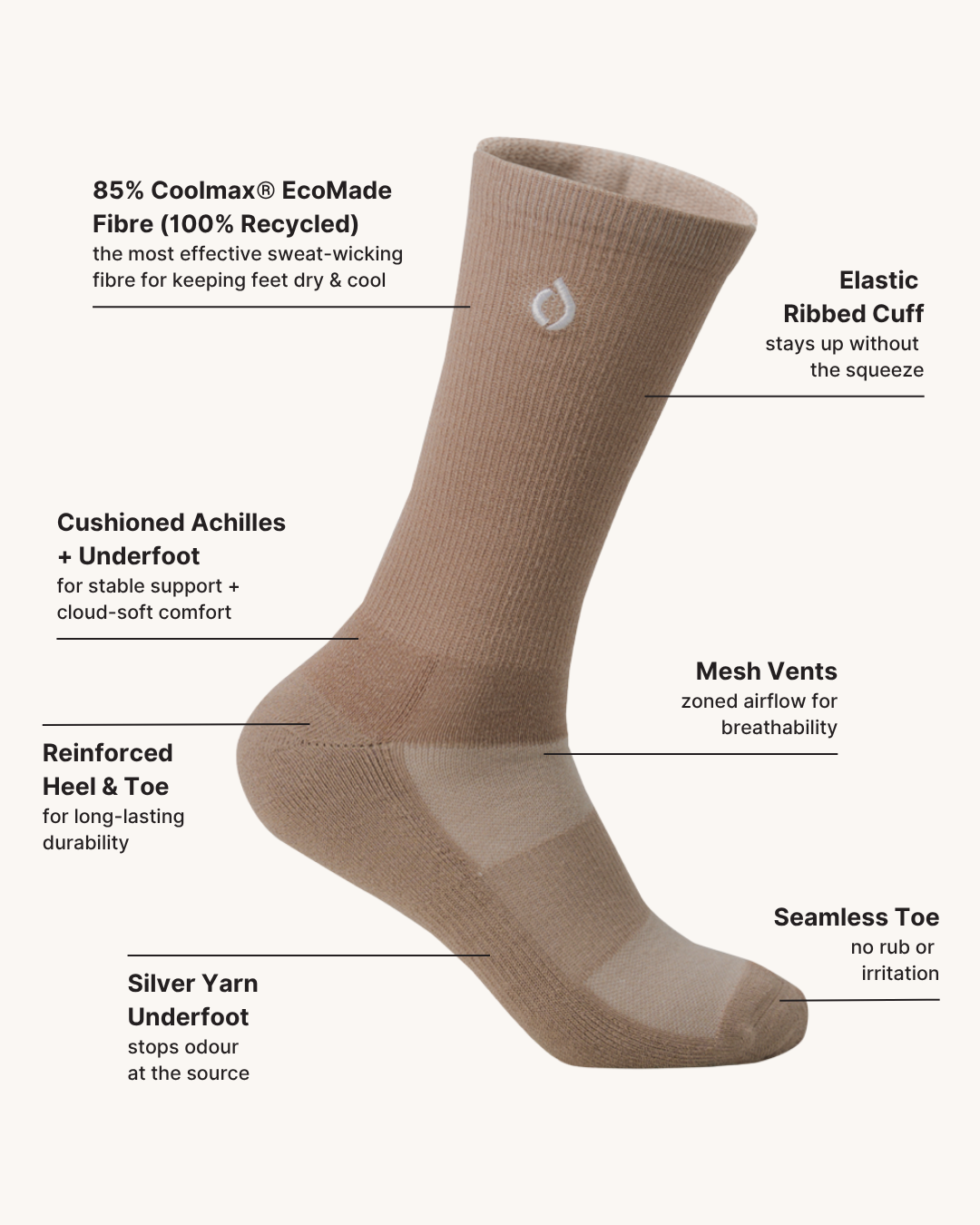 All-Day Performance Cushioned Crew Sock - Light Mocha