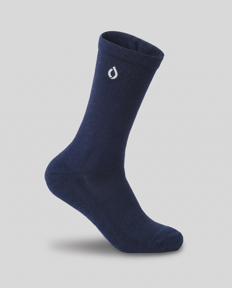 DryStep midnight navy men's dress crew socks — moisture-wicking Coolmax, suit-ready