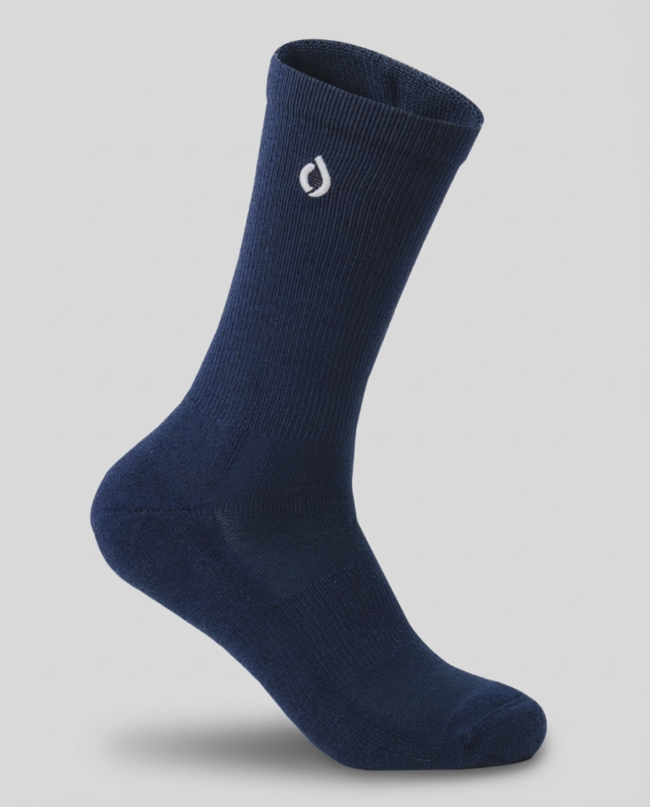 DryStep midnight navy men's dress crew socks — moisture-wicking Coolmax, suit-ready