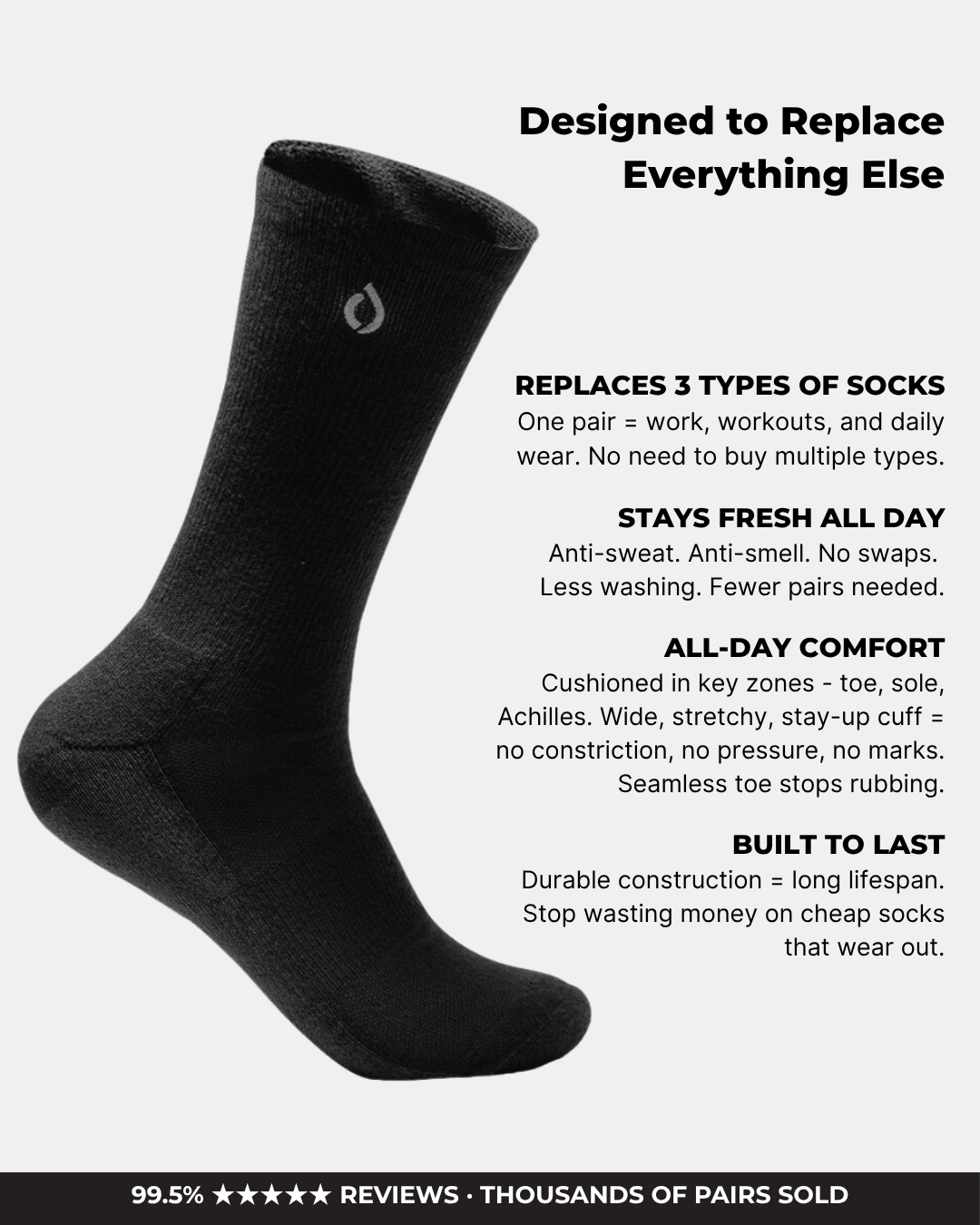 All-Day Performance Cushioned Crew Sock - Black