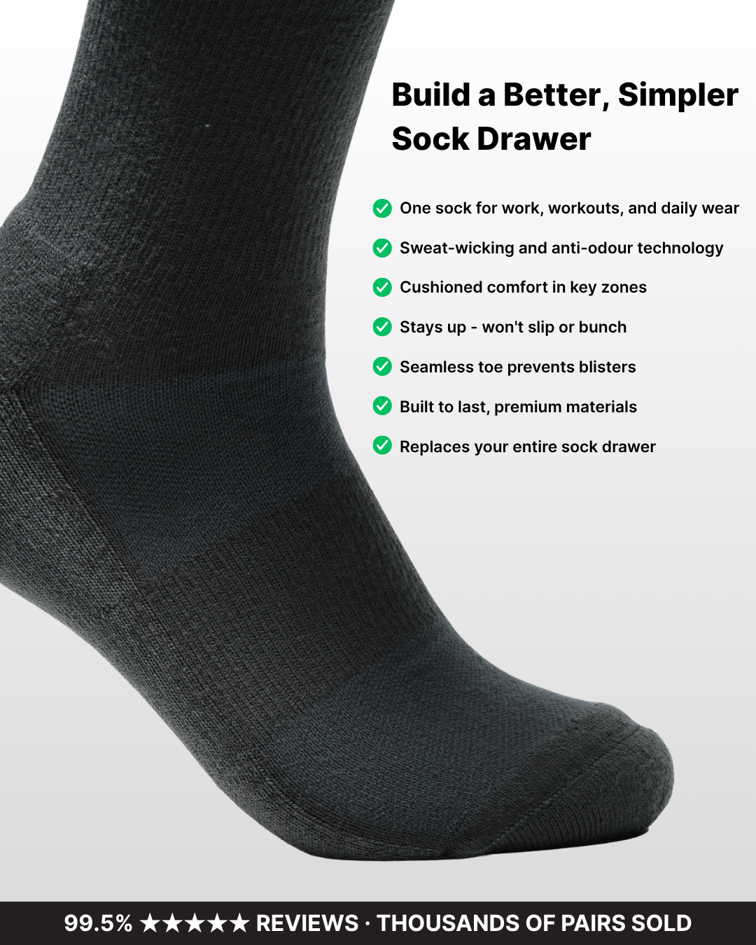 All-Day Performance Cushioned Crew Sock - Black