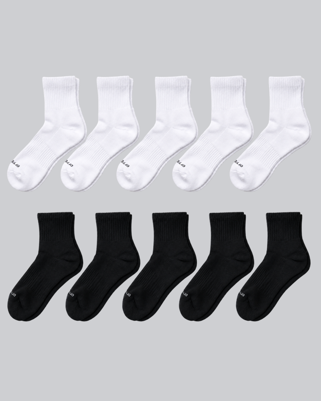 DryStep quarter sock 10-pack in white and black — moisture-wicking Coolmax, cushioned