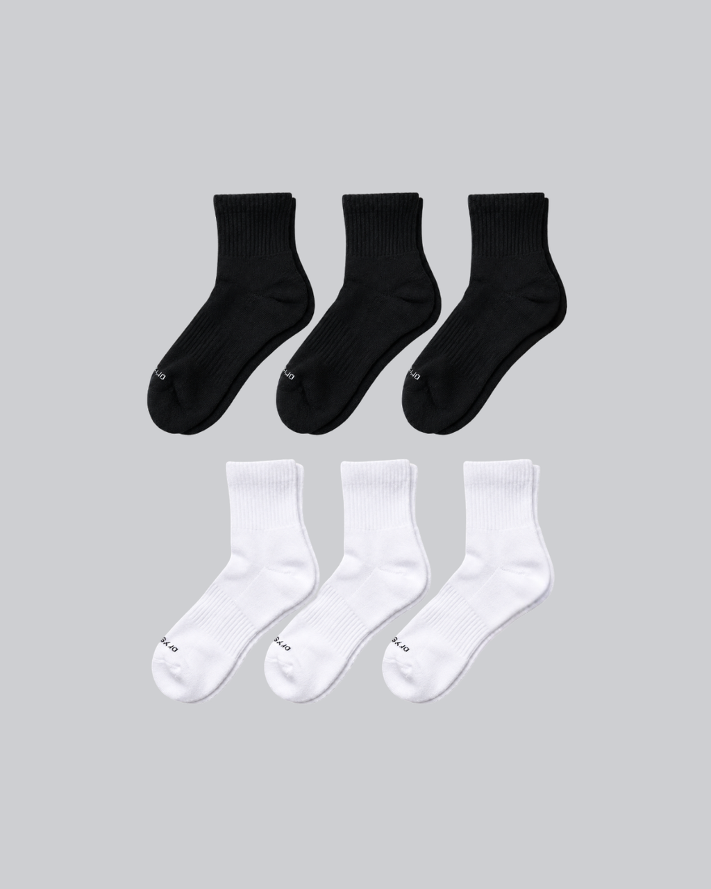 DryStep black and white quarter sock 6-pack — moisture-wicking Coolmax, cushioned, anti-odour