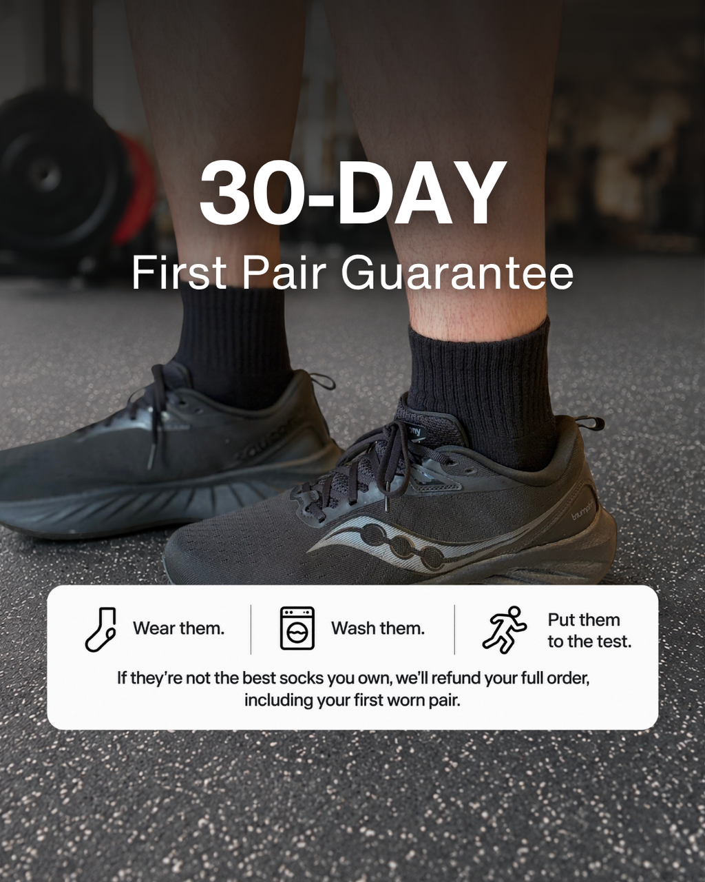 30-day first pair guarantee on DryStep black quarter socks at the gym, full refund incl. worn pair