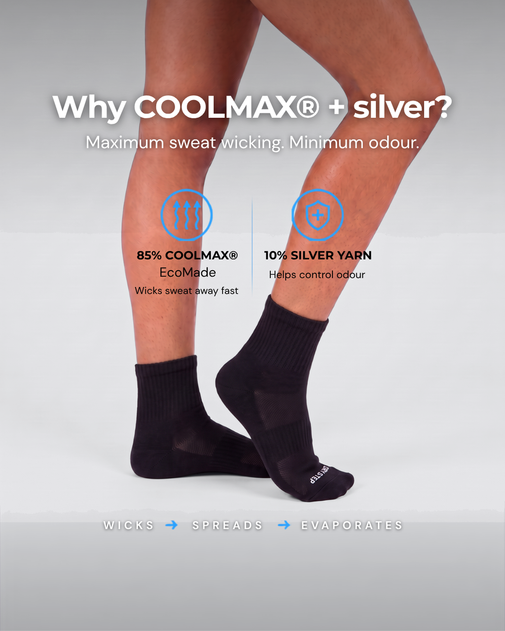 Woman in DryStep black quarter socks, 85% Coolmax wicks sweat, 10% silver yarn controls odour